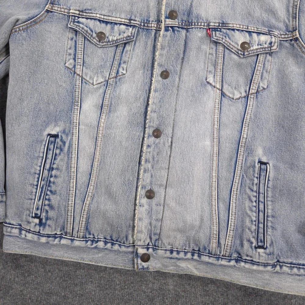 Levis Premium Denim Trucker Jacket Mens Large Blue Big E Sherpa Lined Light Wash